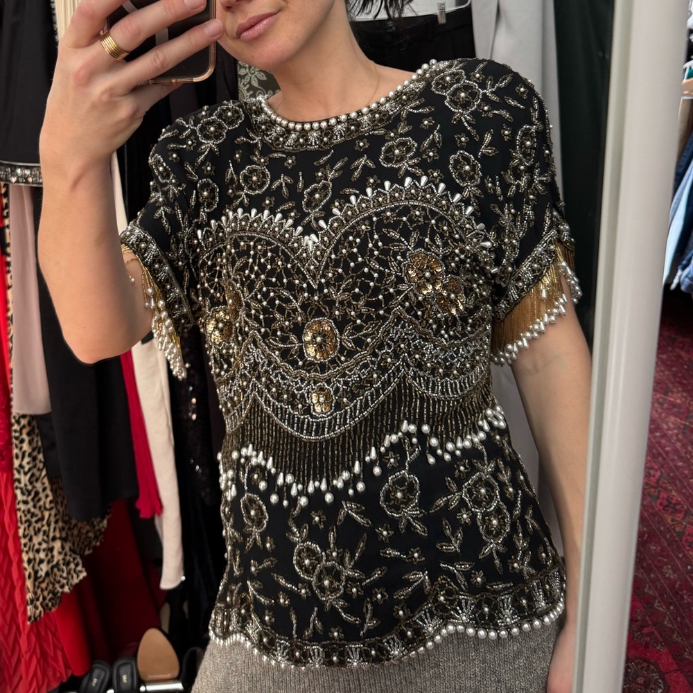 Vintage silk beaded black and gold top